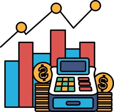 A graph with three lines and a calculator with a stack of coins on top of it Illustrazione stock