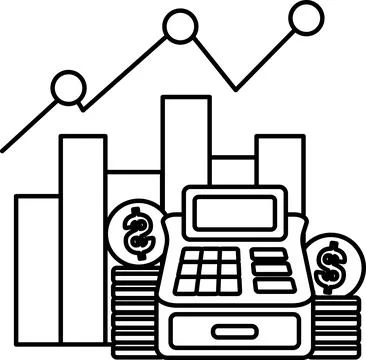 A graph with three lines and a calculator with a stack of coins on top of it Stockillustratie