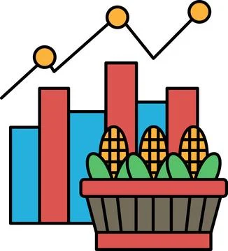 A graph with three lines and three circles is shown above a basket of corn Illustrazione stock