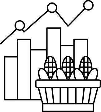 A graph with three lines and three circles is shown above a basket of corn Illustrazione stock
