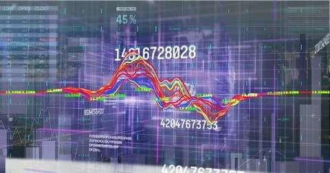 Graph turning up and down with blue blocks and changing numbers on a black Stock Photos