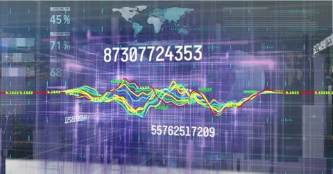 Graph turning up and down with blue blocks and changing numbers on a black Foto stock
