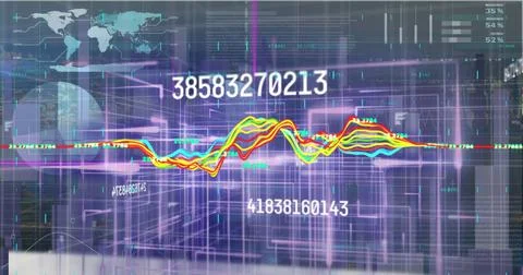 Graph turning up and down with blue blocks and changing numbers on a black Stock Photos