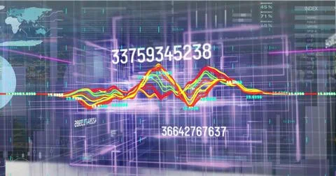 Graph turning up and down with blue blocks and changing numbers on a black Stock Photos