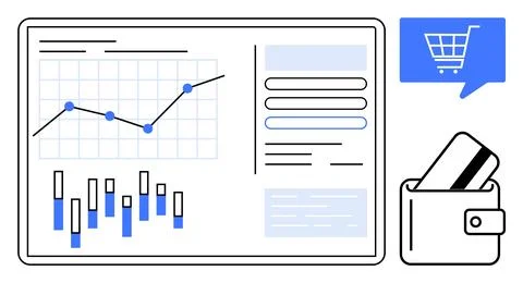 Graph with upward trend, bar chart, and financial data on a screen, alongside Illustrazione stock