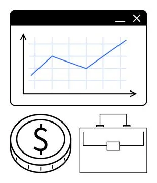 Graph with upward trend line, coin with dollar symbol, and briefcase. Ideal f Stock Illustration