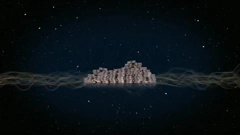 Graph of wavelengths dancing in outer space with pile of coins. 스톡 동영상 253626691