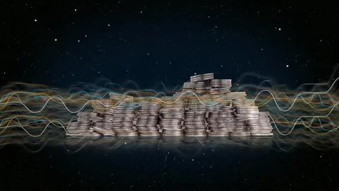 Graph of wavelengths dancing in outer space with pile of coins. Stock-Footage 253626692