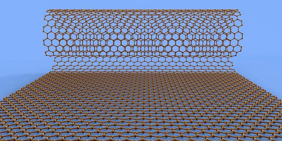 Graphen layer folding to nanotube, 3D illustration showing hexagonal carbon s Stock Illustration