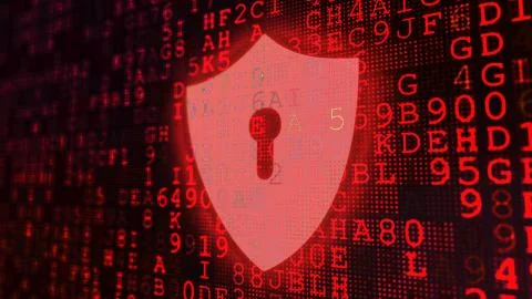 A graphic 3d illustration of a computer screen put askew with rosy coded lett 库存插图