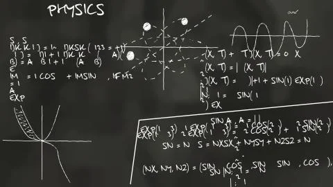 A graphic 3d illustration of some physics theory handwritten on a black of a  Stock Illustration