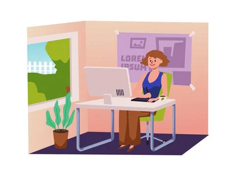 Graphic and UI designer or illustrator using computer flat vector illustratio Stock Illustration