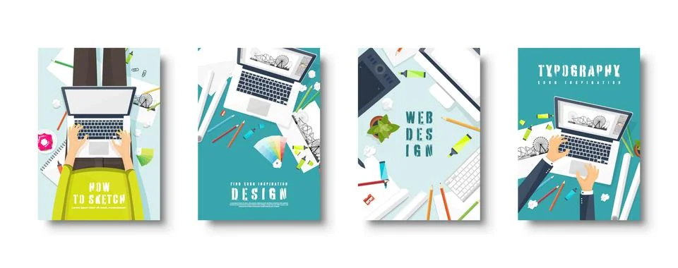 Graphic and web design. Flat style covers set. Designer workplace with tools Stock Illustration