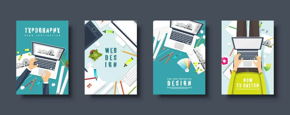 Graphic and web design. Flat style covers set. Designer workplace with tools Stock Illustration