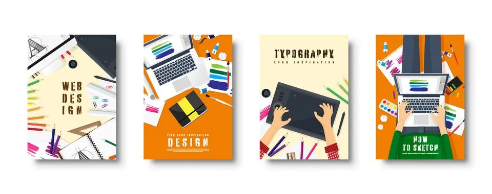 Graphic and web design. Flat style covers set. Designer workplace with tools Stock Illustration
