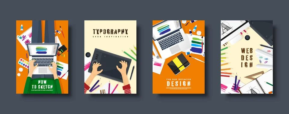 Graphic and web design. Flat style covers set. Designer workplace with tools Stock Illustration