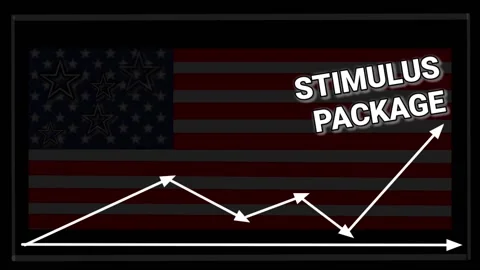 Graphic bar chart with arrow showing increasing with stimulus package 스톡 동영상 234873744