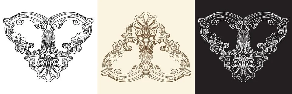 Graphic baroque design element set in three colors vector illustration Stock Illustration