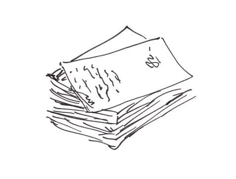 Graphic black and white linear drawing a stack of paper with text Stock Illustration