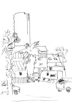 Graphic black and white linear drawing Tel Aviv, Israel. sketch Stock Illustration