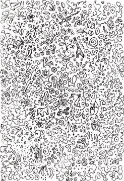 Graphic black and white linear doodle drawing with abstract elements, animals Illustrazione stock