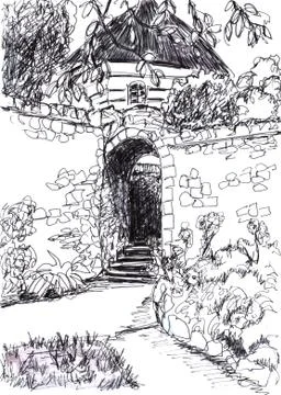 Graphic black and white sketch of a house with thatched roof, stone fence and Stock Illustration