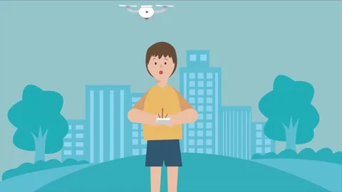 Graphic of boy character playing drone. Loopable. Video stock 233842041