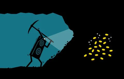 Graphic Card or GPU worker mining digital cryptocurrency coin or money at min Stock Illustration