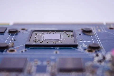 Graphic card Processors. Macro view of a Futuristic Electronic Circuit Board  스톡 사진