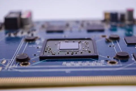 Graphic card Processors. Macro view of a Futuristic Electronic Circuit Board  Фото