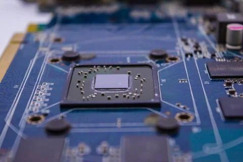 Graphic card Processors. Macro view of a Futuristic Electronic Circuit Board  Stock Photos