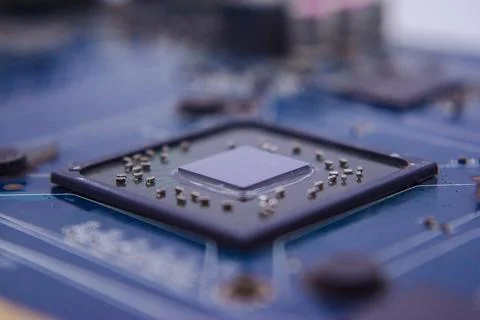 Graphic card Processors. Macro view of a Futuristic Electronic Circuit Board  Stock Photos