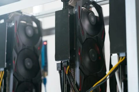 Graphic cards of the rack for mining crypto currency Stock Photos