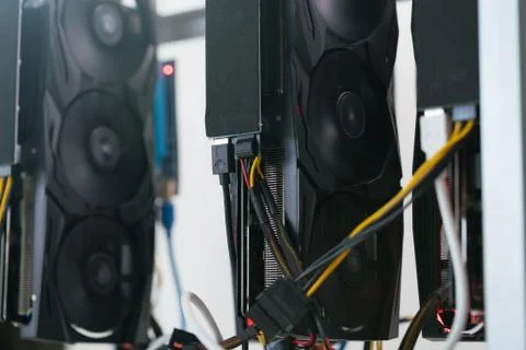 Graphic cards of the rack for mining crypto currency Stock Photos