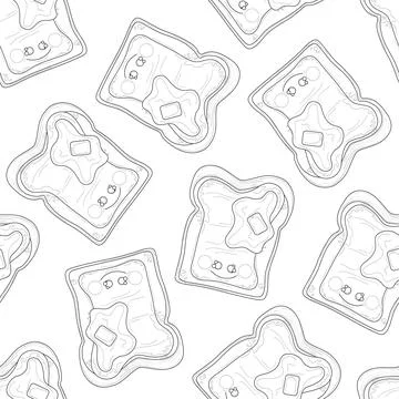 Graphic cartoon toast with cute face, jam and butter seamless pattern sketch Stock Illustration