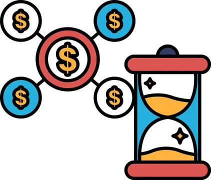 A graphic of a clock with a dollar sign on the left side Stock Illustration