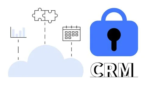 Graphic of a cloud connected to a chart, puzzle pieces, and a calendar, with  Stock Illustration