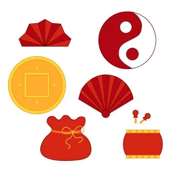 Graphic CNY elements set. red fav, bag, drum, gold coin and ying yang vector Stockillustratie
