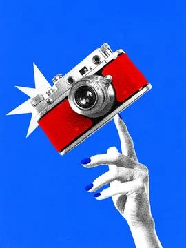 Graphic collage. Retro camera balancing on finger with confident energy in bold Stock Photos