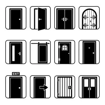 A graphic collection featuring twelve distinct door icons in black and white. Stock Illustration