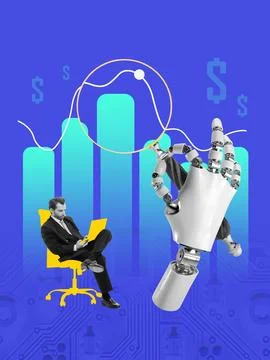 Graphic composition. 3D robot hand analyzing chart with businessman in chair Stock Photos
