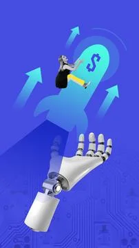 Graphic composition. 3D robot hand launching woman on rocket toward finance Stock Photos