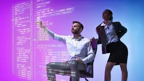 Graphic composition. Business team developing software with holographic data Stock Photos