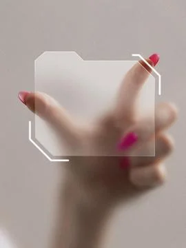 Graphic composition. Hand with pink nails holding transparent digital folder Stock Photos