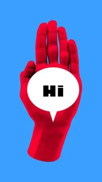 Graphic composition. Hand with speech bubble saying hi symbol of greeting Stock Photos