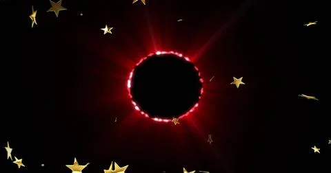 Graphic composition showing black void with glowing red ring and gold stars in Stock Photos