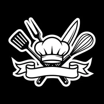 Graphic culinary logo featuring chef hat with crossed spatula fork knife an.. Stock Illustration