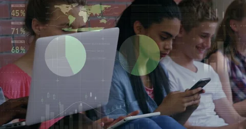 Graphic data over young people on digital advice. Stock Footage 138717549