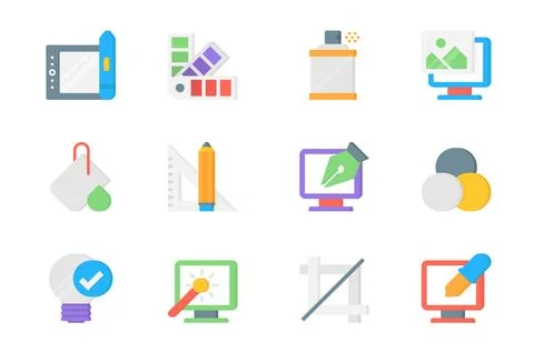 Graphic design 3d icons set. Pack flat pictograms of tablet for drawing, co.. イラスト素材