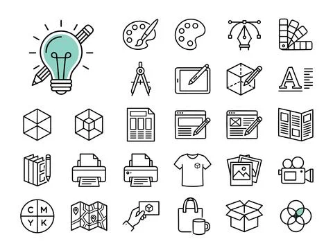 Graphic design and creativity icons set including light bulb idea, paint pa.. Stock Illustration